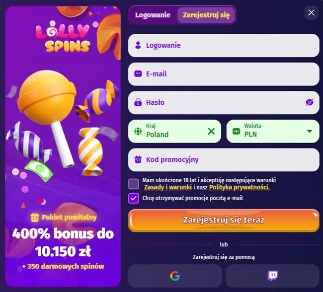 Formularz rejestracyjny LollySpins Casino
